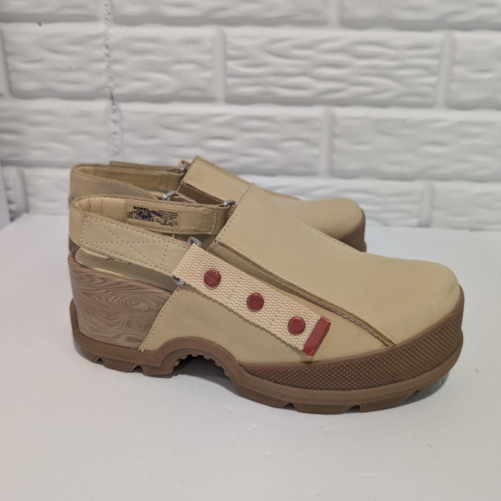 Sorel Roam'N RTV Platform Clog Beige Leather Slingback Sandals Boho Size 8.5
